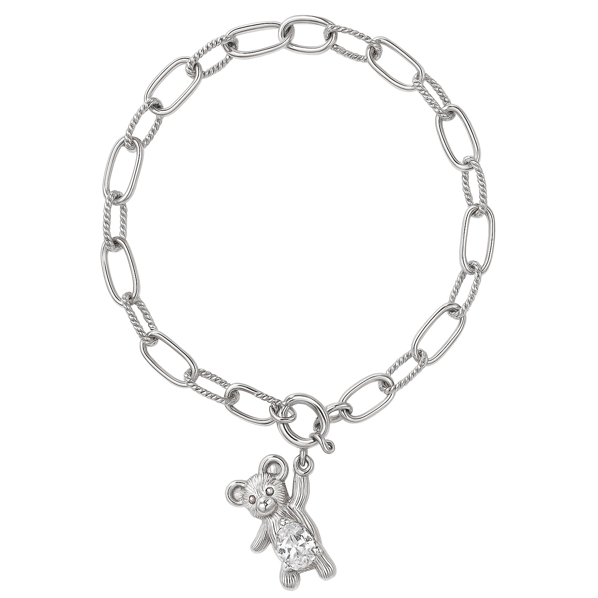Pulsera con Dije de Oso con Circonia y Cadena Paper Clip Plata .925