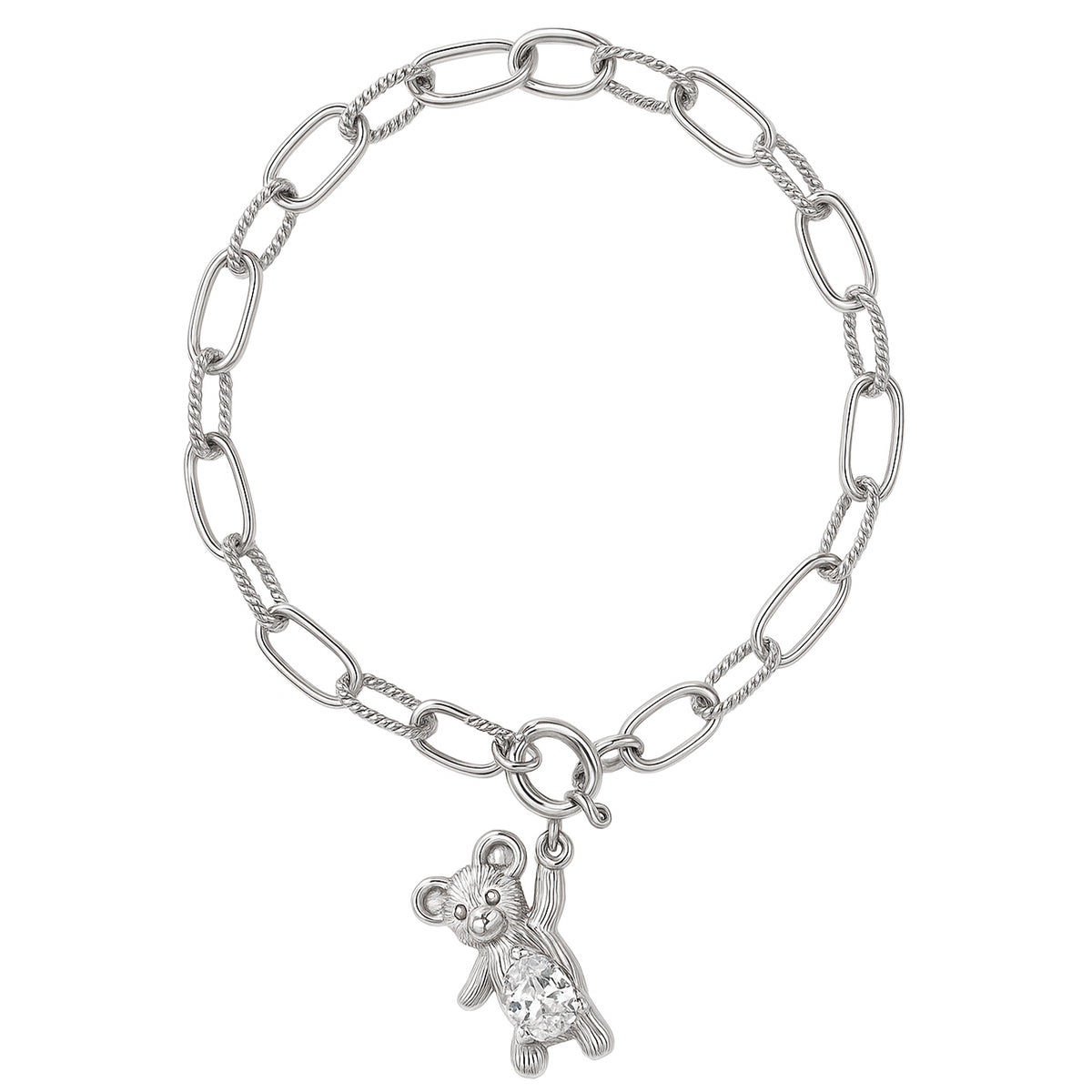 Pulsera con Dije de Oso con Circonia y Cadena Paper Clip Plata .925