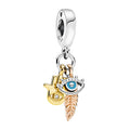 Charm Inspirado Pan 1:1 Mano de Fatima Dorada, Pluma y Ojo Turco, Plata .925