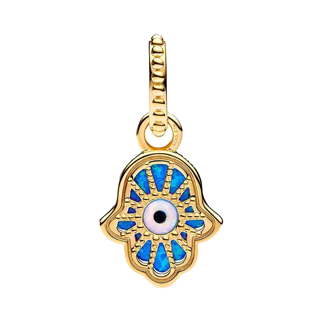 Charm Inspirado Pan 1:1 Mano de Fatima Opalo Azul con Dorado, Plata .925 Con Baño de Oro 18 k
