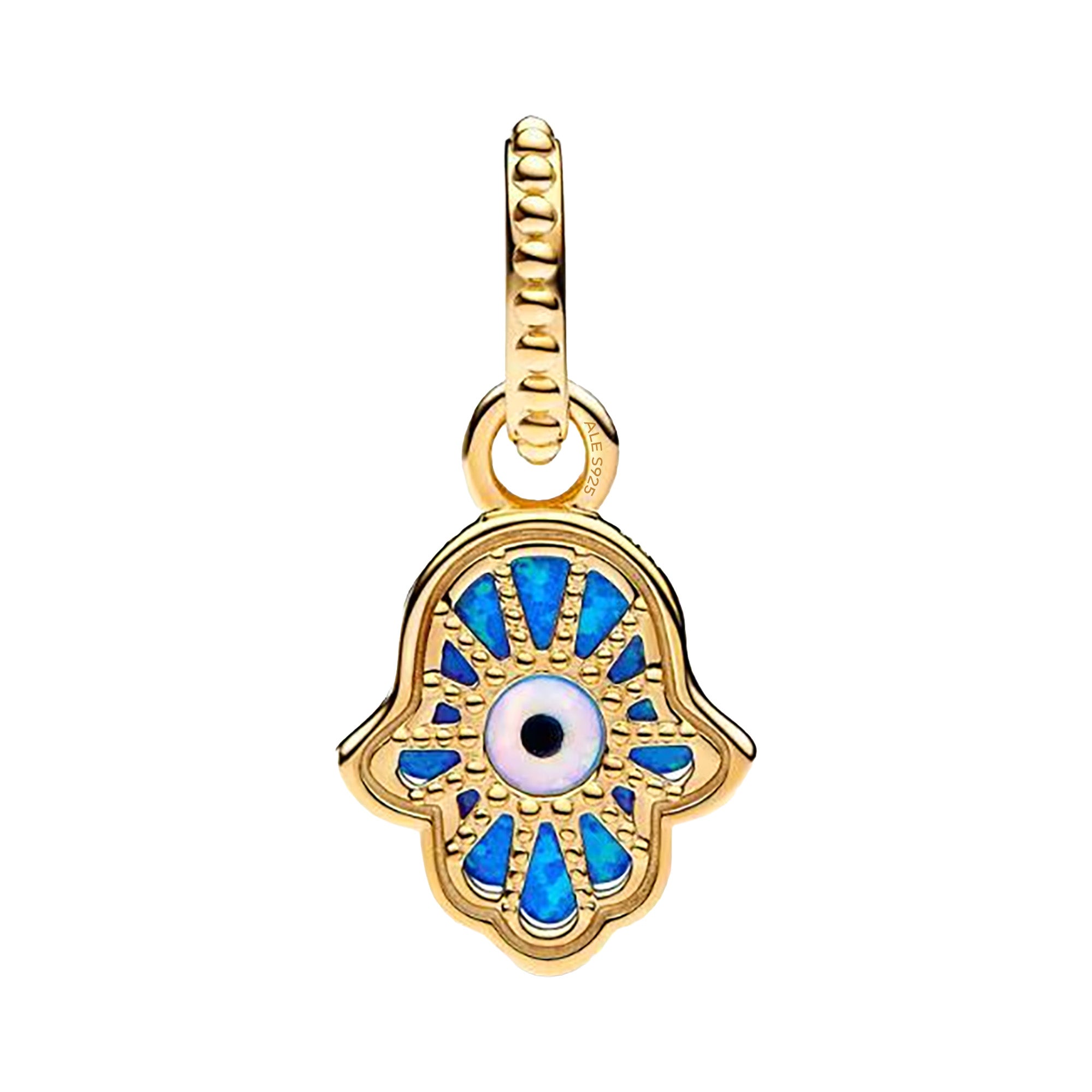 Charm Inspirado Pan 1:1 Mano de Fatima Opalo Azul con Dorado, Plata .925 Con Baño de Oro 18 k