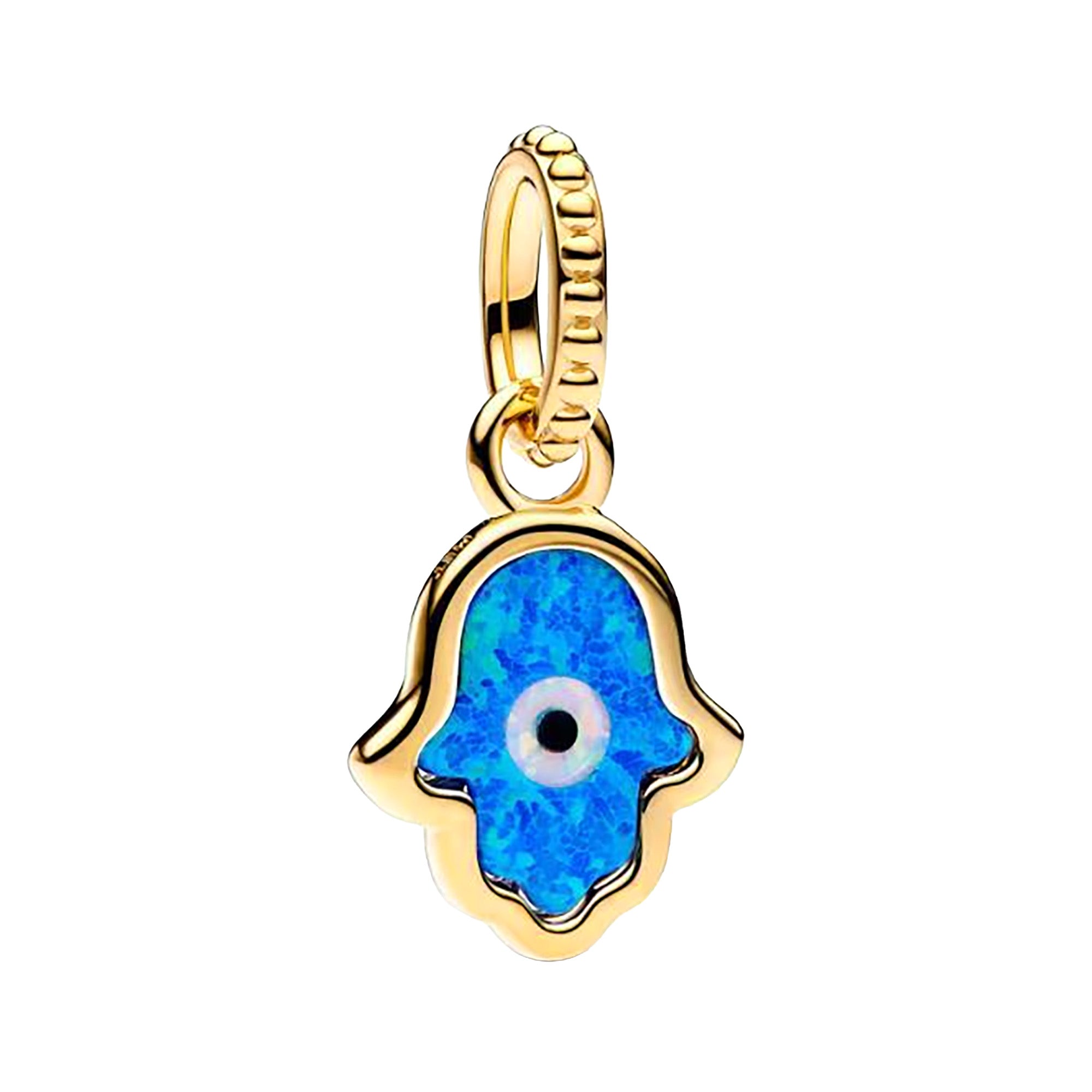 Charm Inspirado Pan 1:1 Mano de Fatima Opalo Azul con Dorado, Plata .925 Con Baño de Oro 18 k