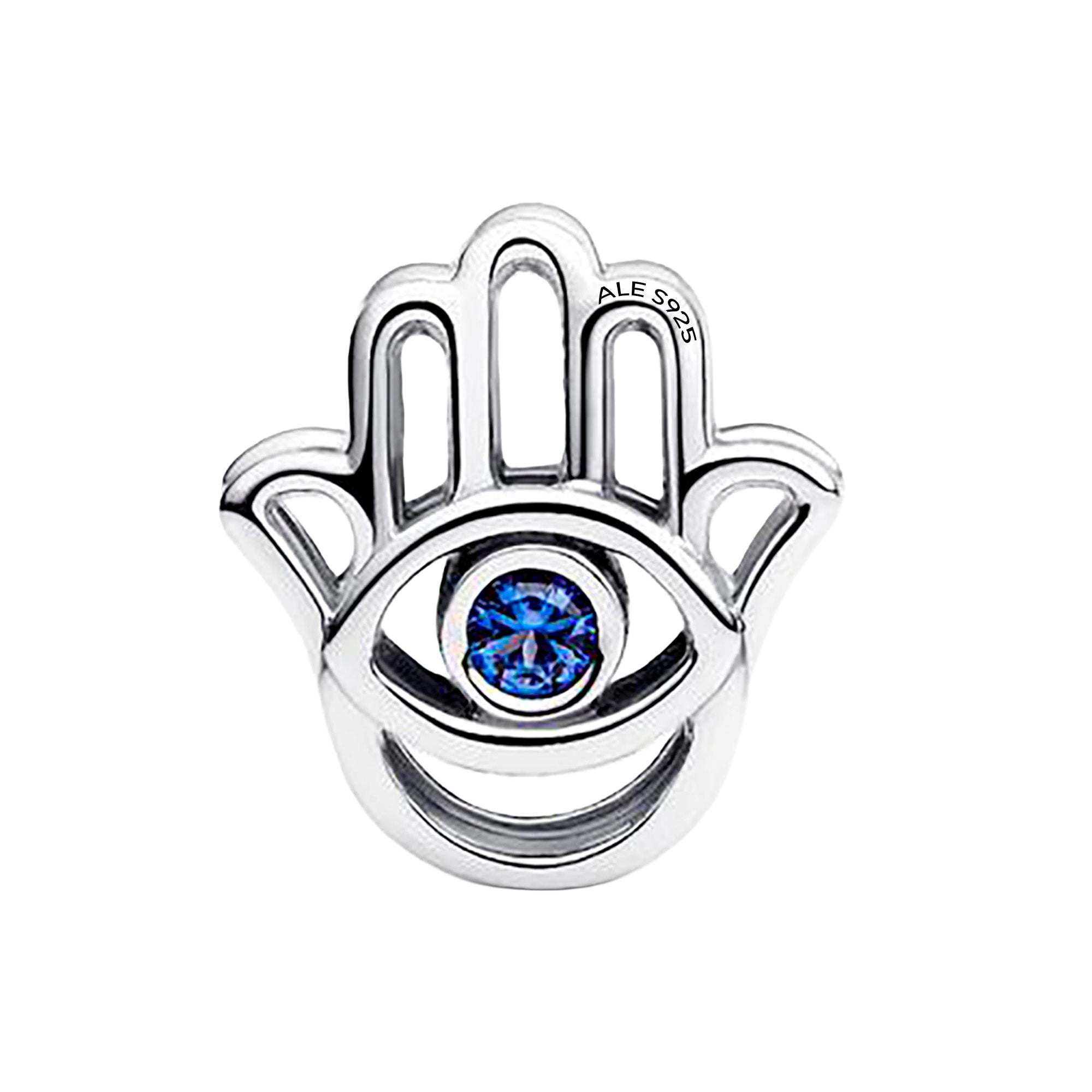 Charm Inspirado Pan 1:1 Mano de Fatima con Circonia Azul, Plata .925