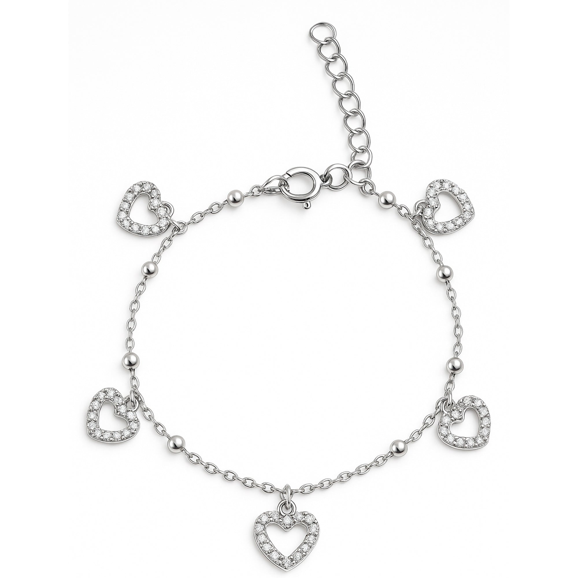 Pulsera con Dijes de Corazon Con Circonias y bolitas Lisas Plata .925