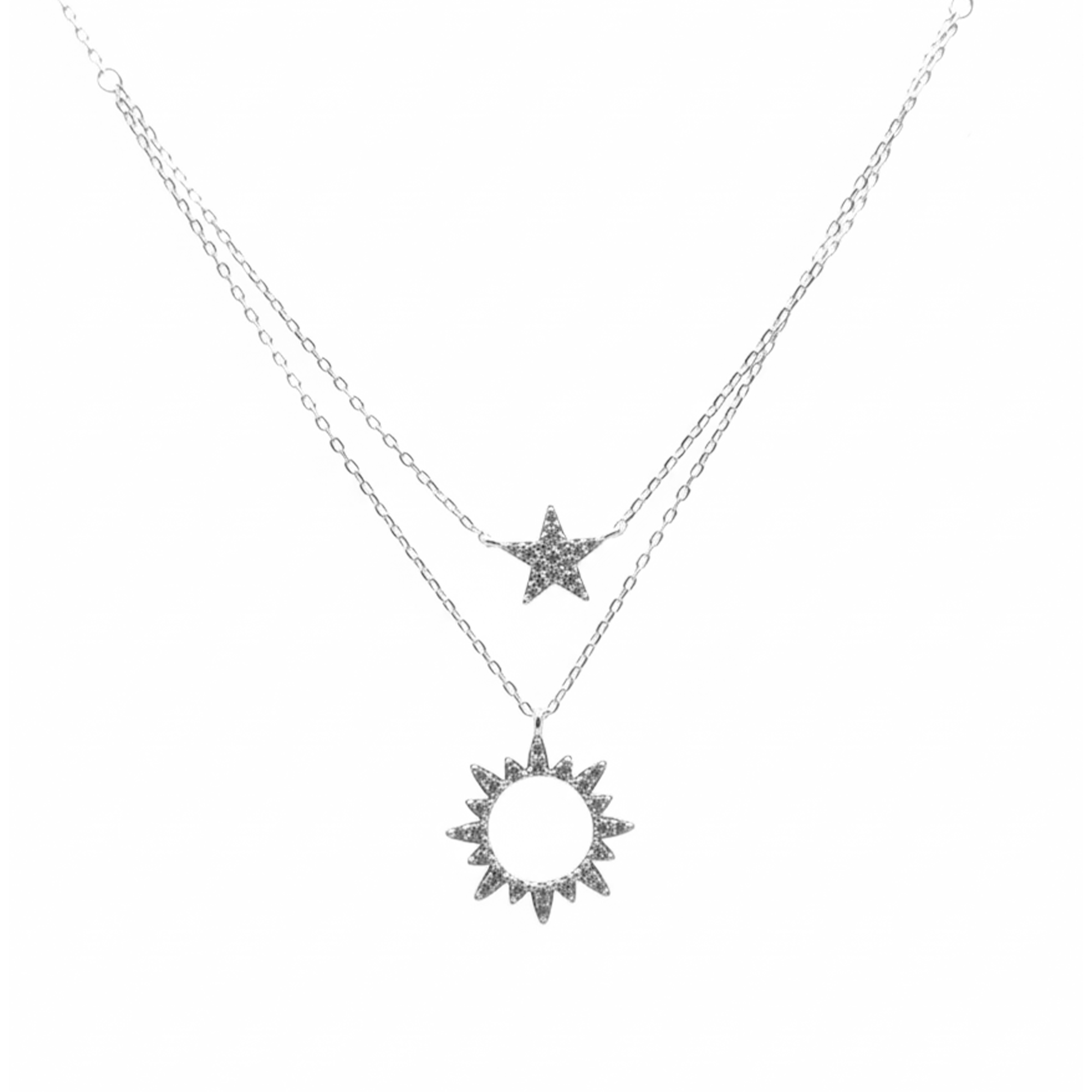 Collar Doble Sol y Estrella con Micro Circonias Plata .925