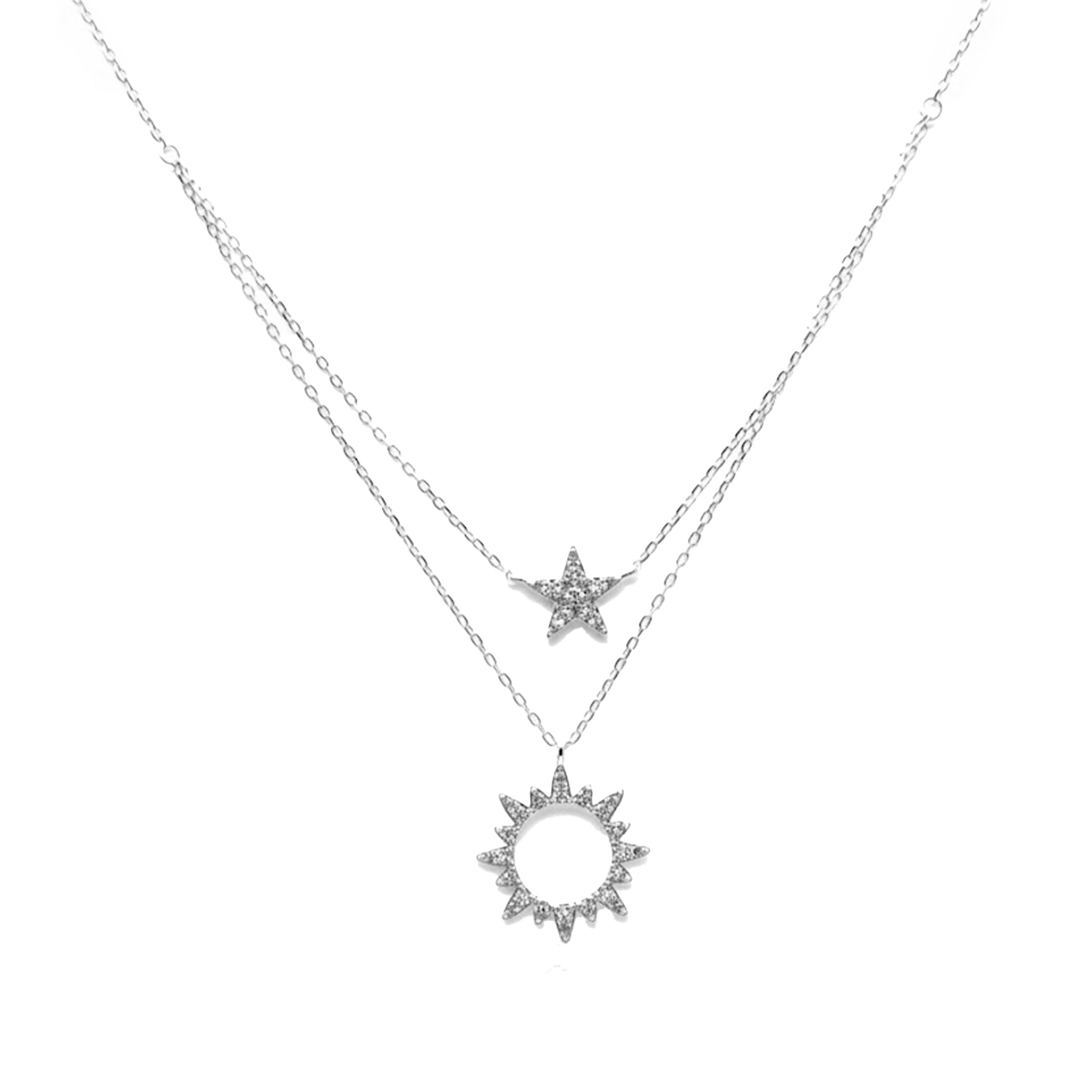 Collar Doble Sol y Estrella con Micro Circonias Plata .925
