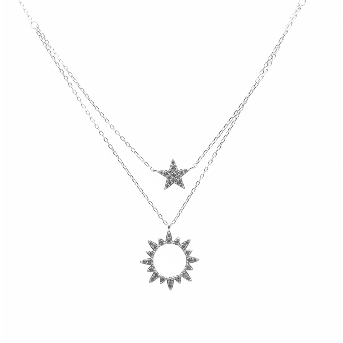 Collar Doble Sol y Estrella con Micro Circonias Plata .925