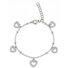 Pulsera con Dijes de Corazon Con Circonias y bolitas Lisas Plata .925