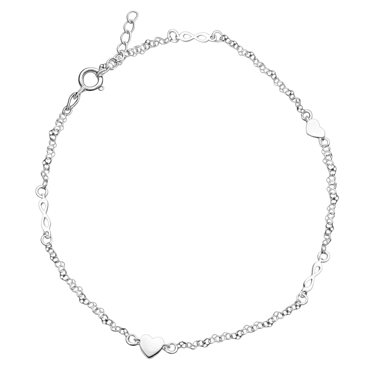 Tobillera Corazón con Infinitos y Cadena de Corazones Plata .925