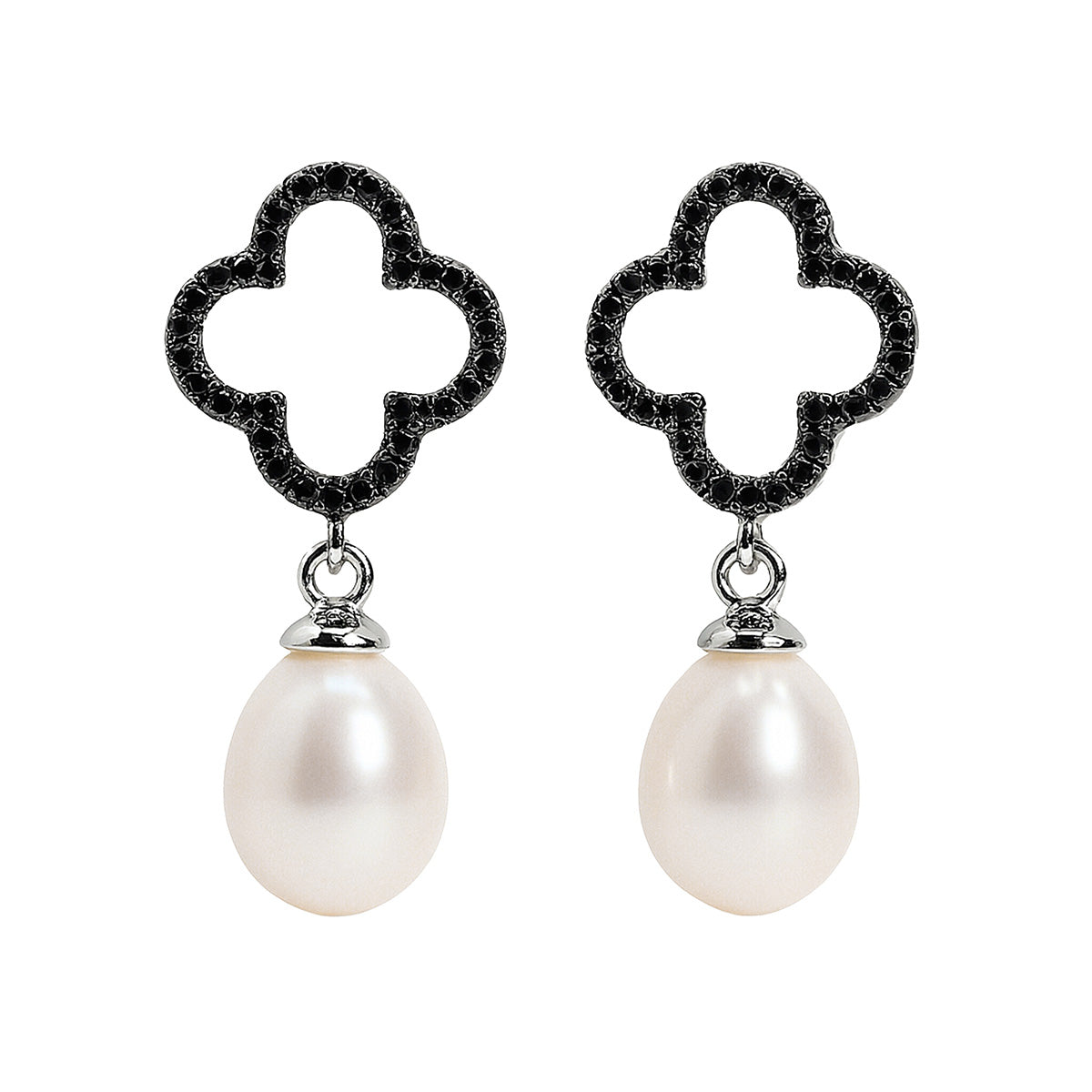 Arete Flor Mediano Inspirado Van C con Perla Natural Plata .925 con Baño de Rodio