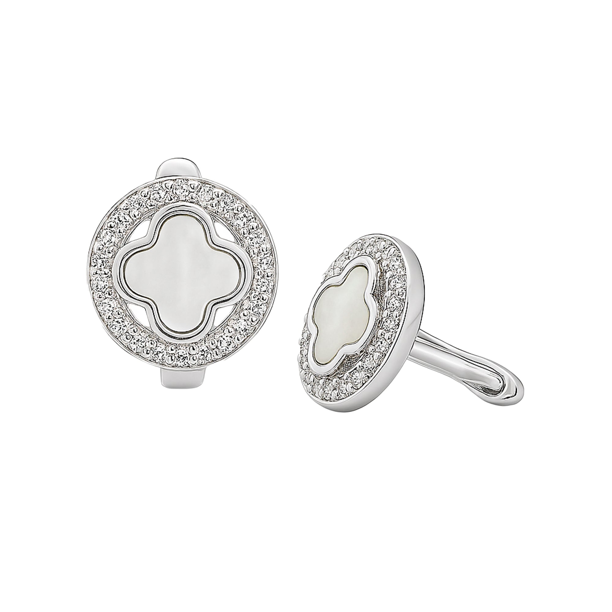 Arete Huggies Flor Inspirado Van C Madre Perla con Micro Circonias en Circulo Plata .925 con Baño de Rodio