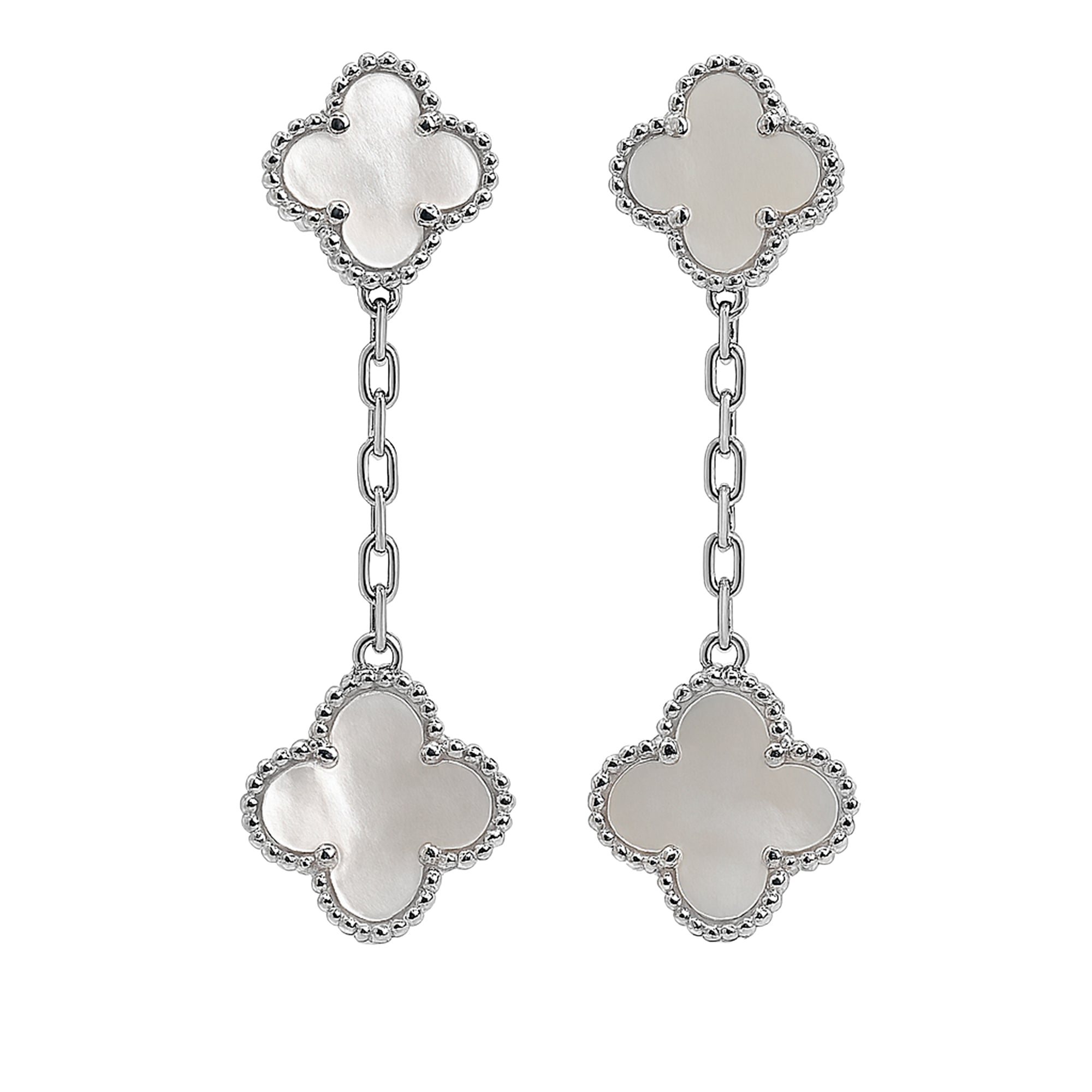 Arete Dos Flores Largo Inspirado Van C con Piedras Naturales Plata .925 con Rodio