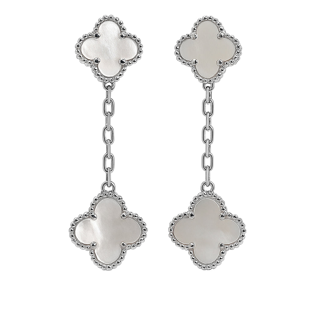 Arete Dos Flores Largo Inspirado Van C con Piedras Naturales Plata .925 con Baño de Rodio