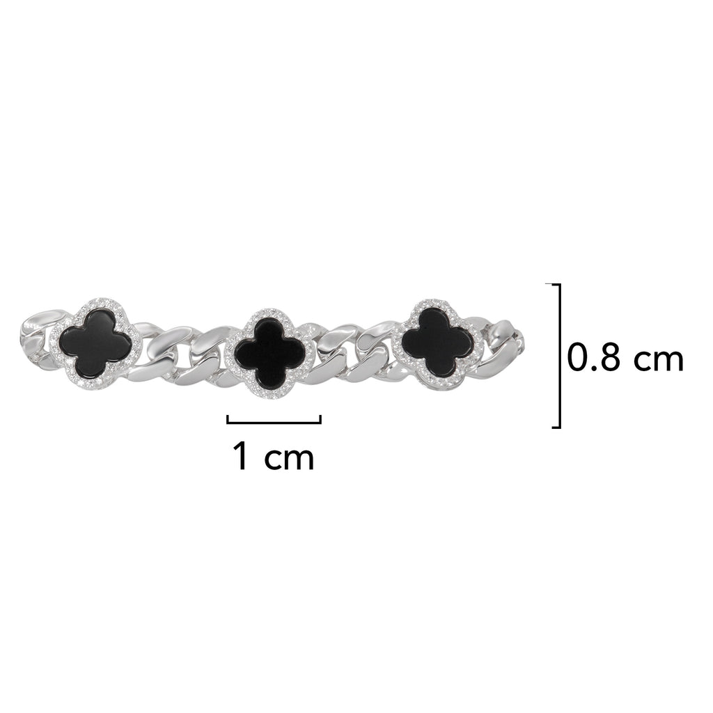 Pulsera Cubana Mónaco 6mm Flor Ónix y Circonias, Inspirada en Van Plata .925