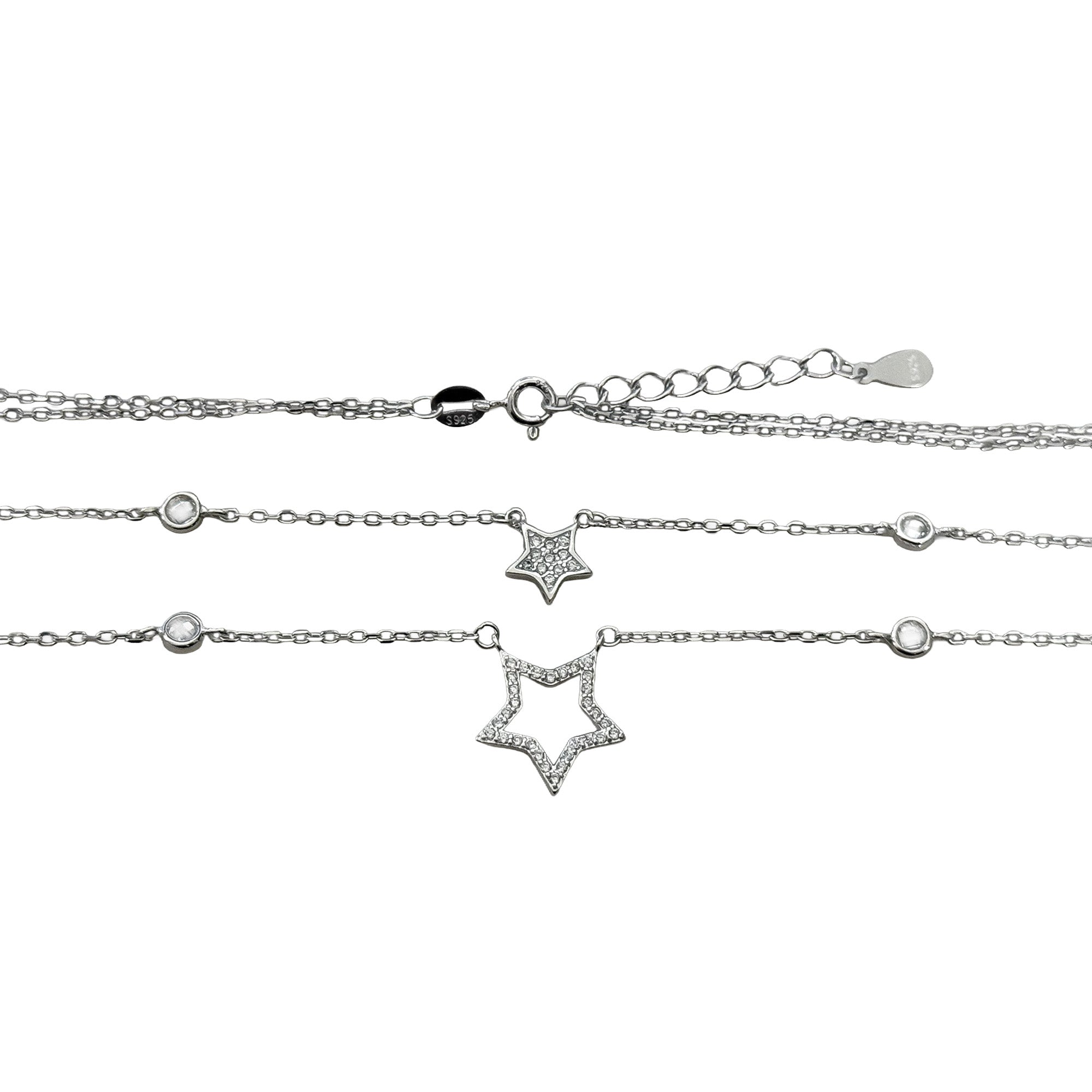 Collar Doble Estrellas con Micro Circonias Plata .925 con Baño de Rodio