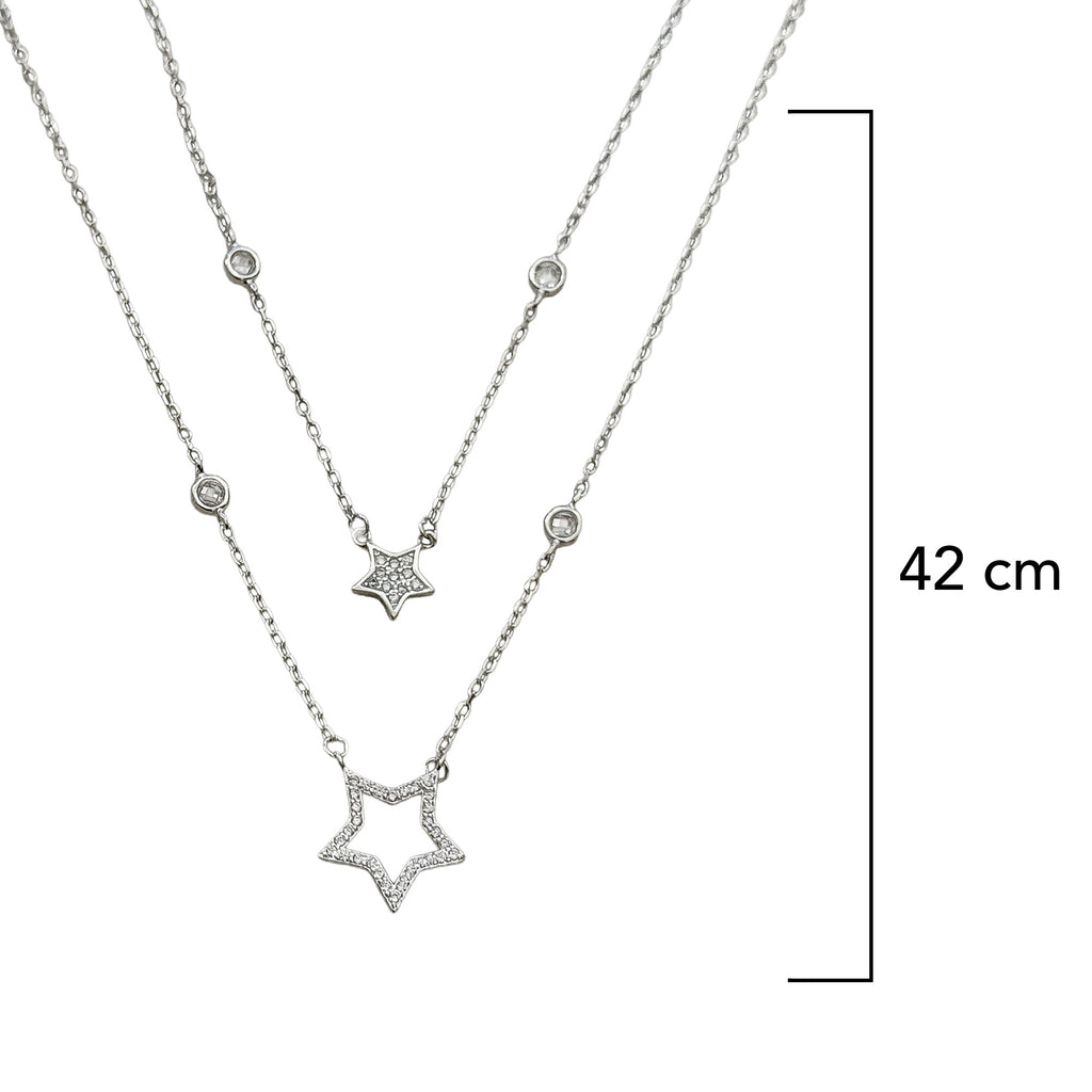 Collar Doble Estrellas con Micro Circonias Plata .925 con Baño de Rodio