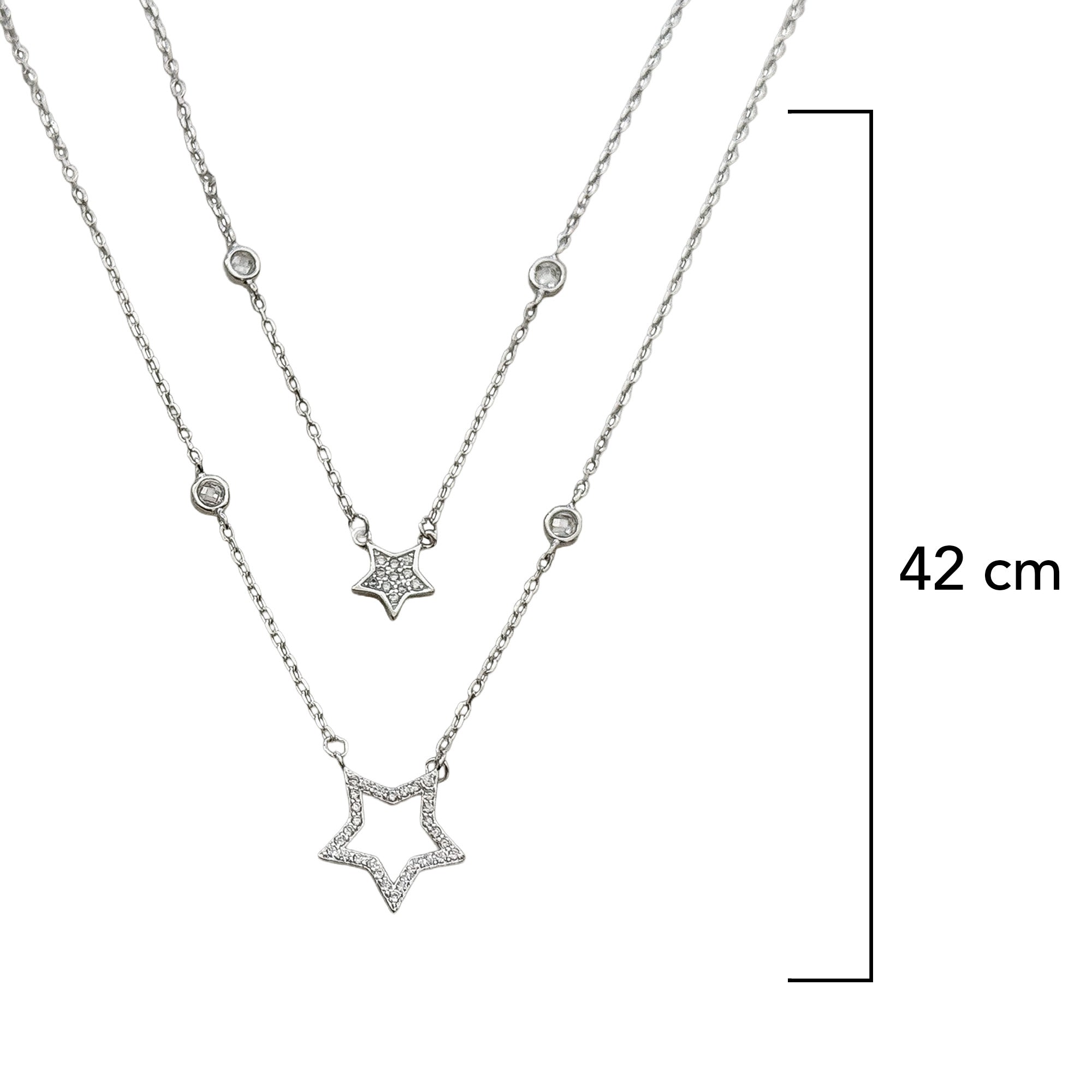 Collar Doble Estrellas con Micro Circonias Plata .925 con Baño de Rodio