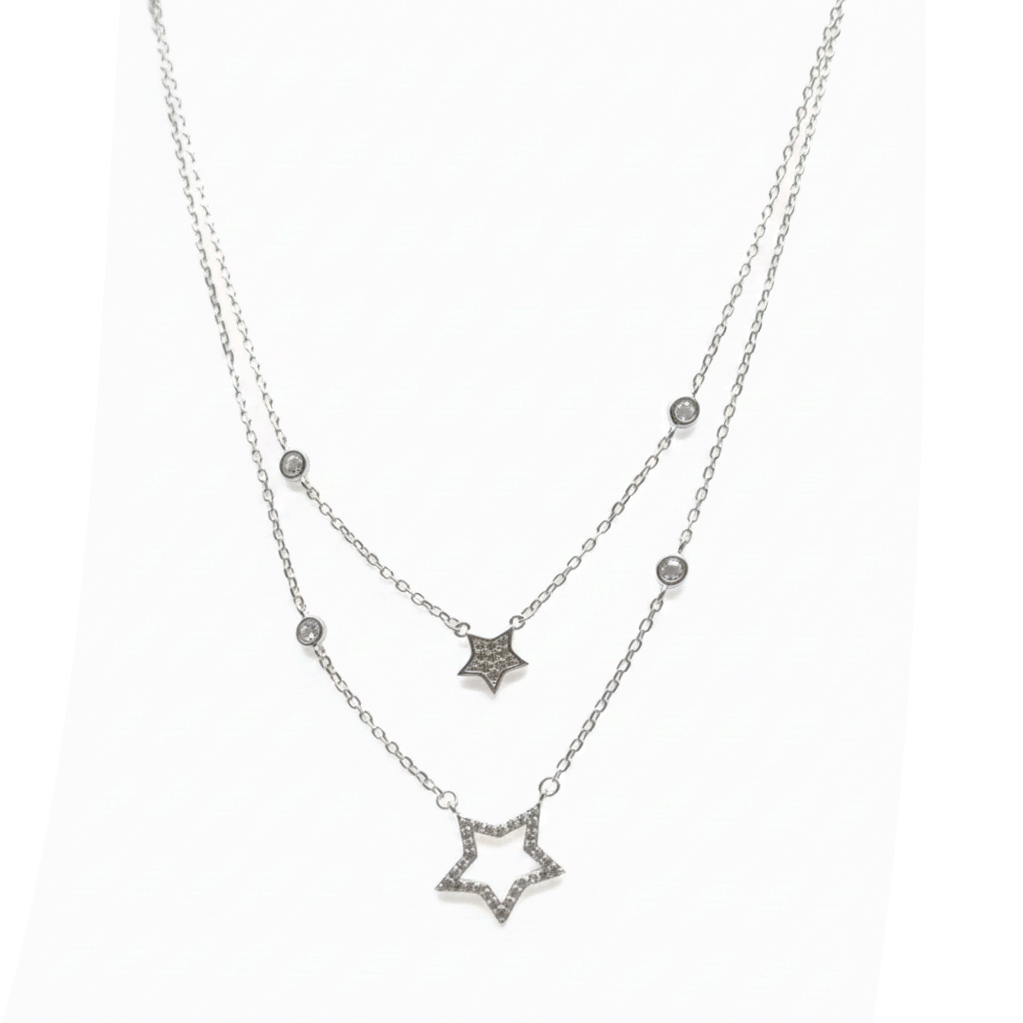 Collar Doble Estrellas con Micro Circonias Plata .925 con Rodio