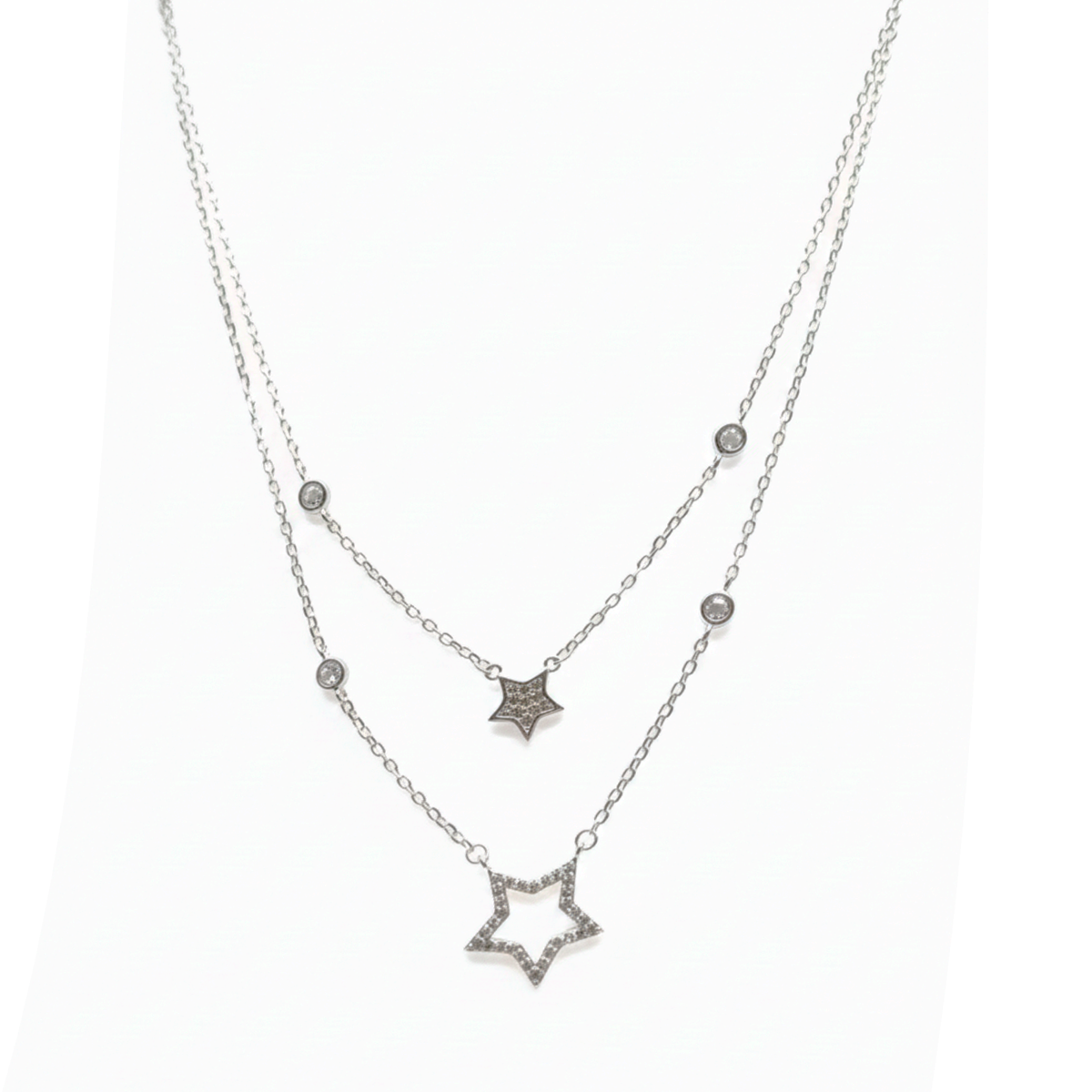Collar Doble Estrellas con Micro Circonias Plata .925 con Rodio