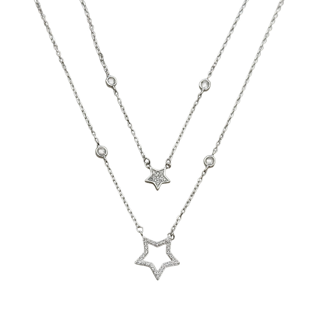 Collar Doble Estrellas con Micro Circonias Plata .925 con Baño de Rodio