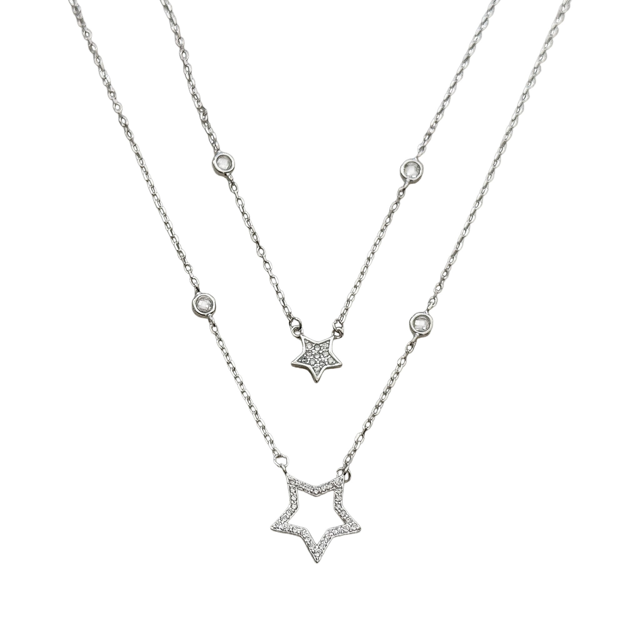 Collar Doble Estrellas con Micro Circonias Plata .925 con Baño de Rodio