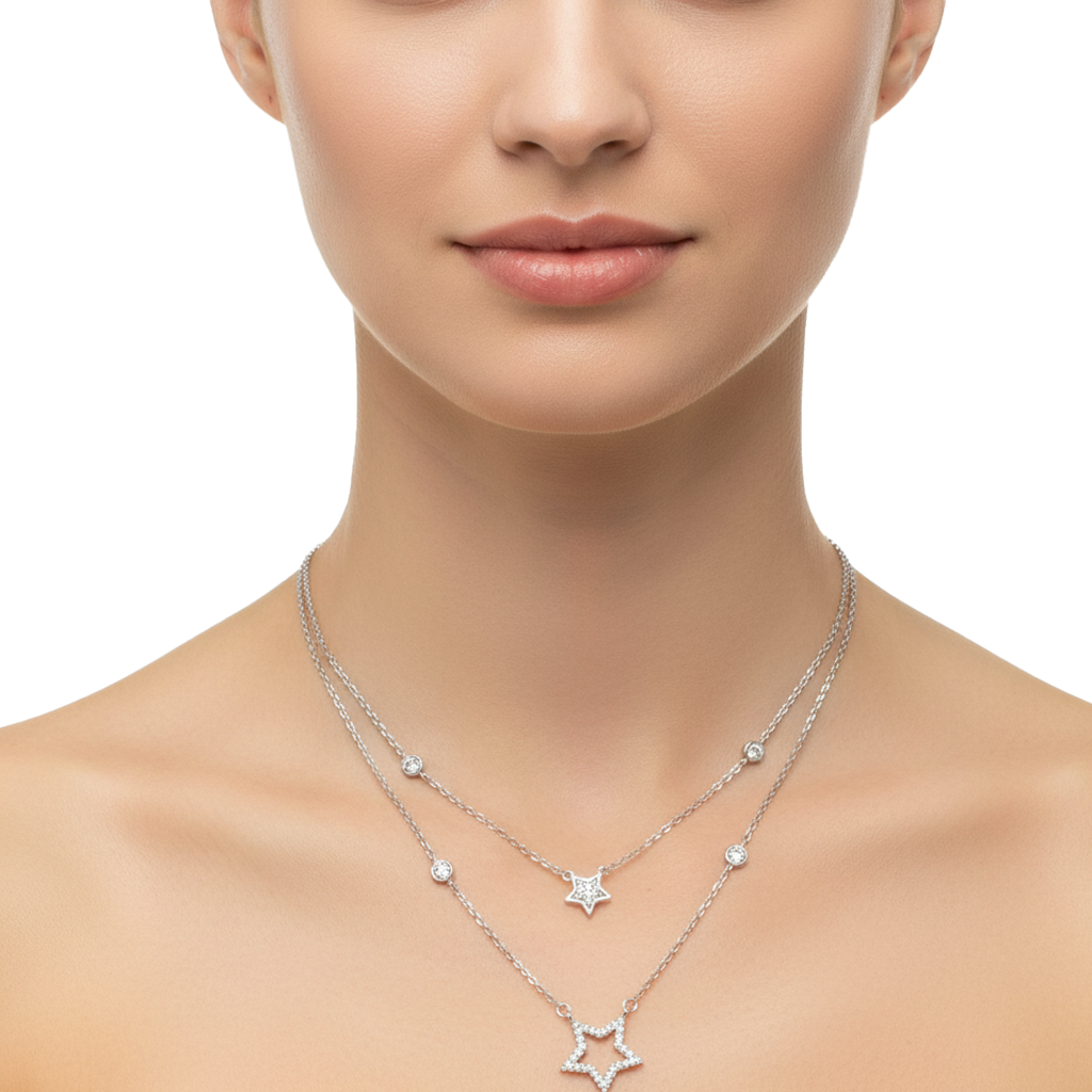 Collar Doble Estrellas con Micro Circonias Plata .925 con Rodio