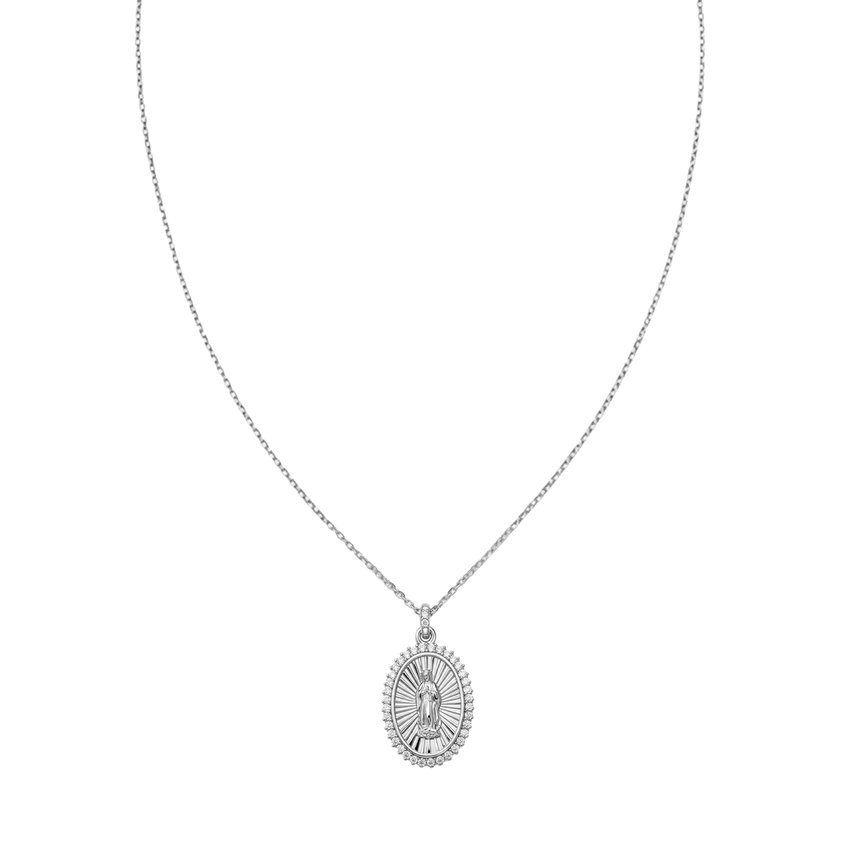 Collar Medalla Virgen de Guadalupe Ovalado Diamantado con Circonias Plata .925 con Rodio