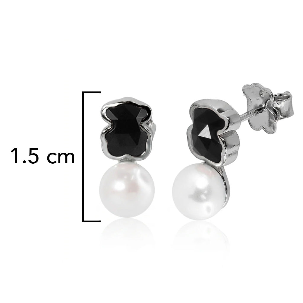 Broquel Inspirado Osos 1-1 Doble Piedra Ónix Negra y Perla de Río Plata .925 con Baño de Rodio