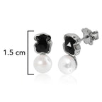 Broquel Inspirado Osos 1-1 Doble Piedra Ónix Negra y Perla de Río Plata .925 con Baño de Rodio
