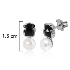 Broquel Inspirado Osos 1-1 Doble Piedra Ónix Negra y Perla de Río Plata .925 con Baño de Rodio