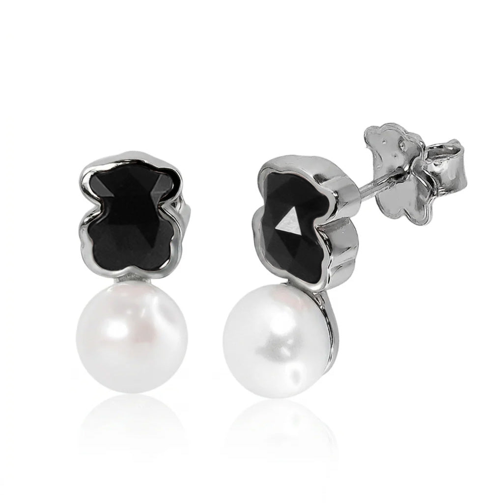 Broquel Inspirado Osos 1-1 Doble Piedra Ónix Negra y Perla de Río Plata .925 con Baño de Rodio