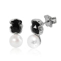 Broquel Inspirado Osos 1-1 Doble Piedra Ónix Negra y Perla de Río Plata .925 con Baño de Rodio