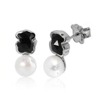 Broquel Inspirado Osos 1-1 Doble Piedra Ónix Negra y Perla de Río Plata .925 con Baño de Rodio