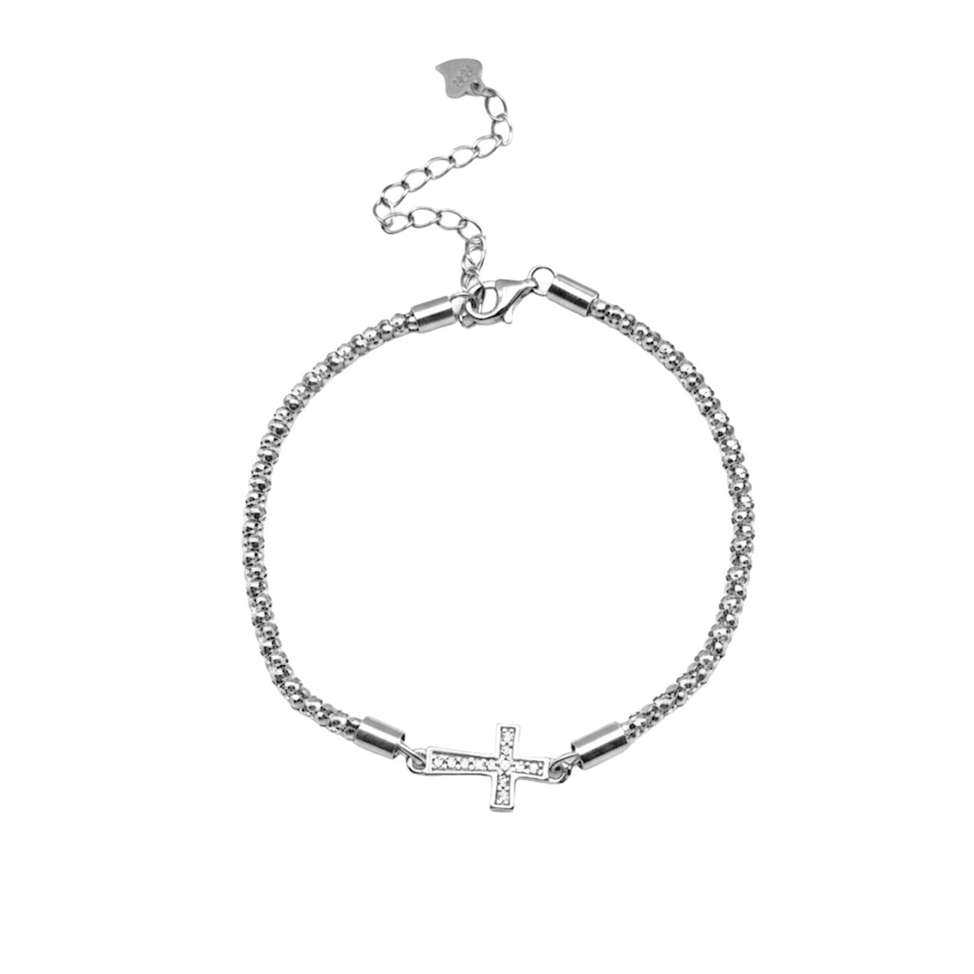 Pulsera Dije de Cruz con Micro Circonias y Cadena Espuma Plata .925 con Rodio