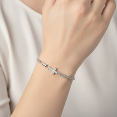 Pulsera Dije de Cruz con Micro Circonias y Cadena Espuma Plata .925 con Rodio