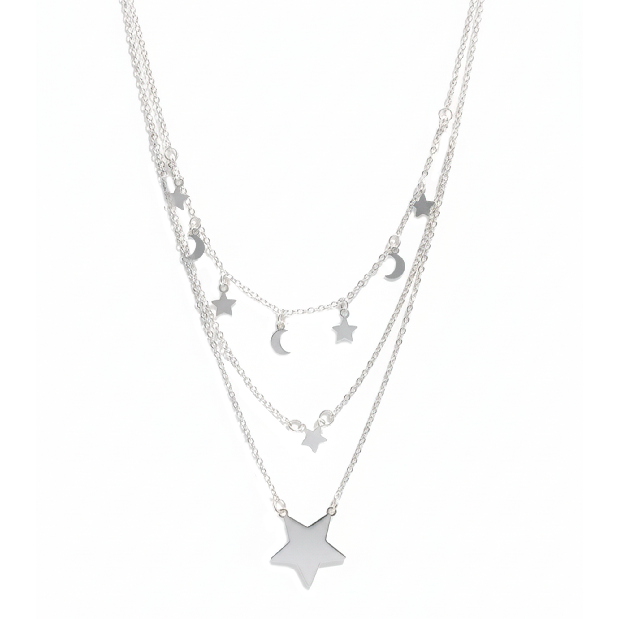 Collar Triple Estrellas y Luna Lisas Plata .925