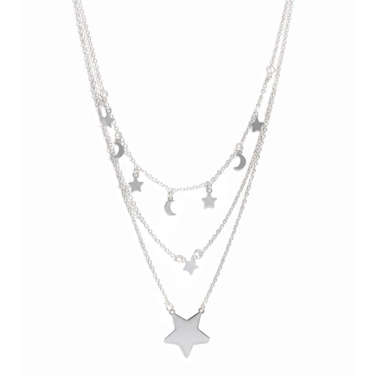 Collar Triple Estrellas y Luna Lisas Plata .925