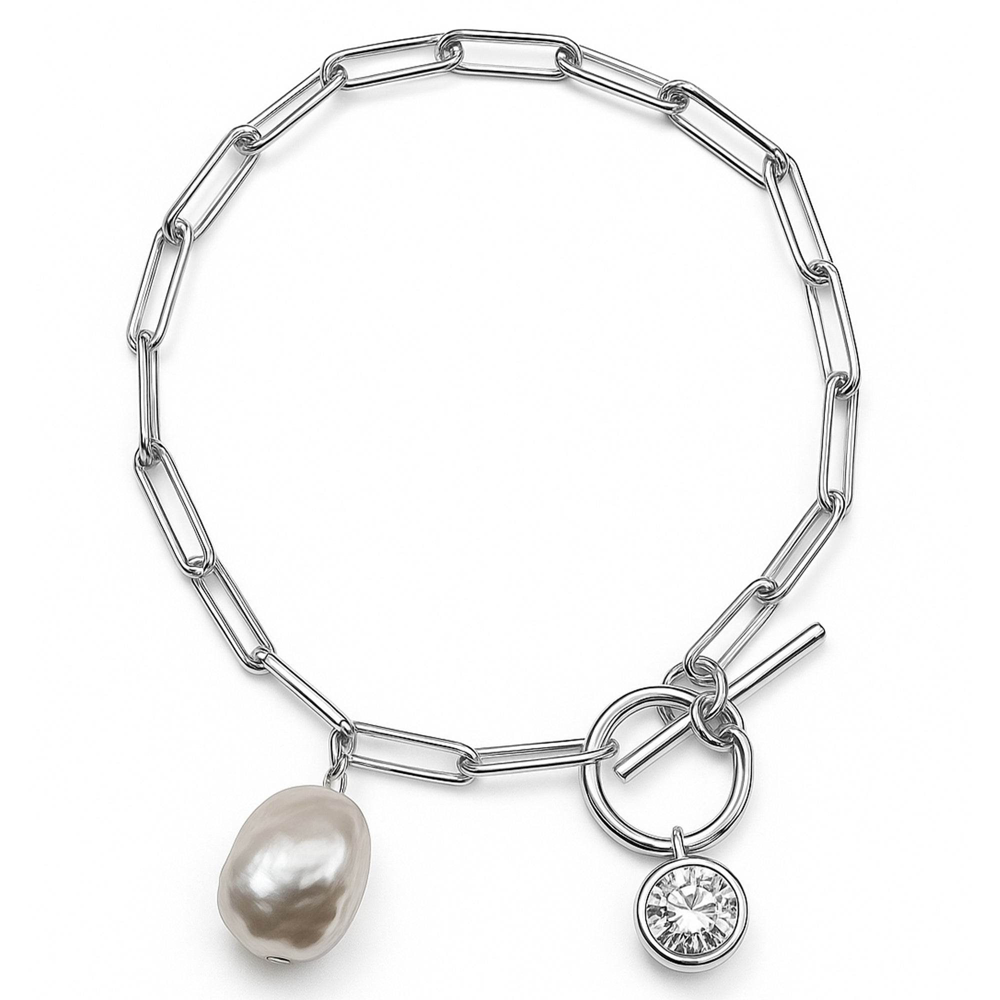 Pulsera Perla Natural con Cadena Paper Clip y Circonia con Broche T Plata .925