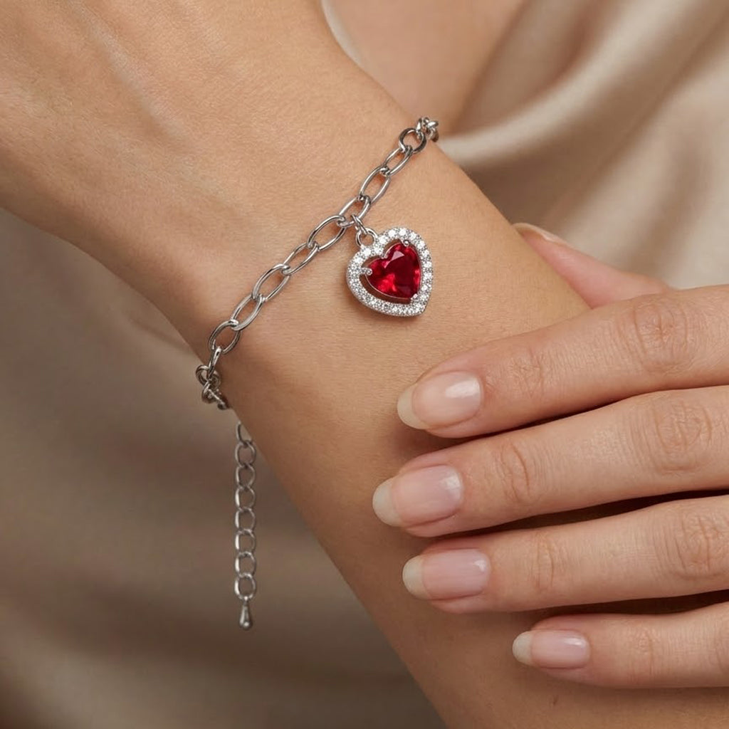 Pulsera Circonia Corazón Rosa con Silueta de Micro Circonias y Cadena Paper Clip Plata .925