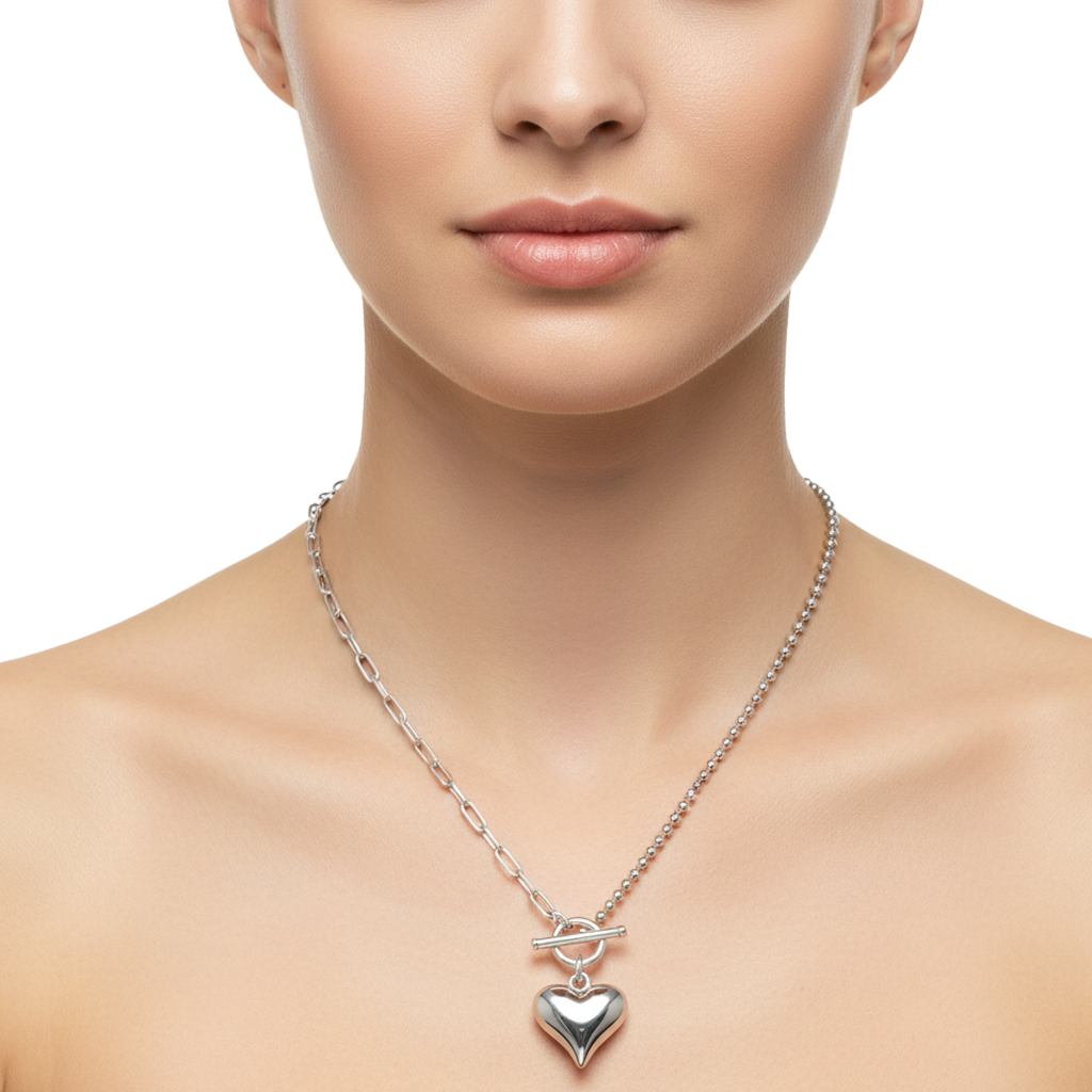 Collar Corazon Bombeado con Cadena Bolitas, Paper Clip y Broche T Plata .925