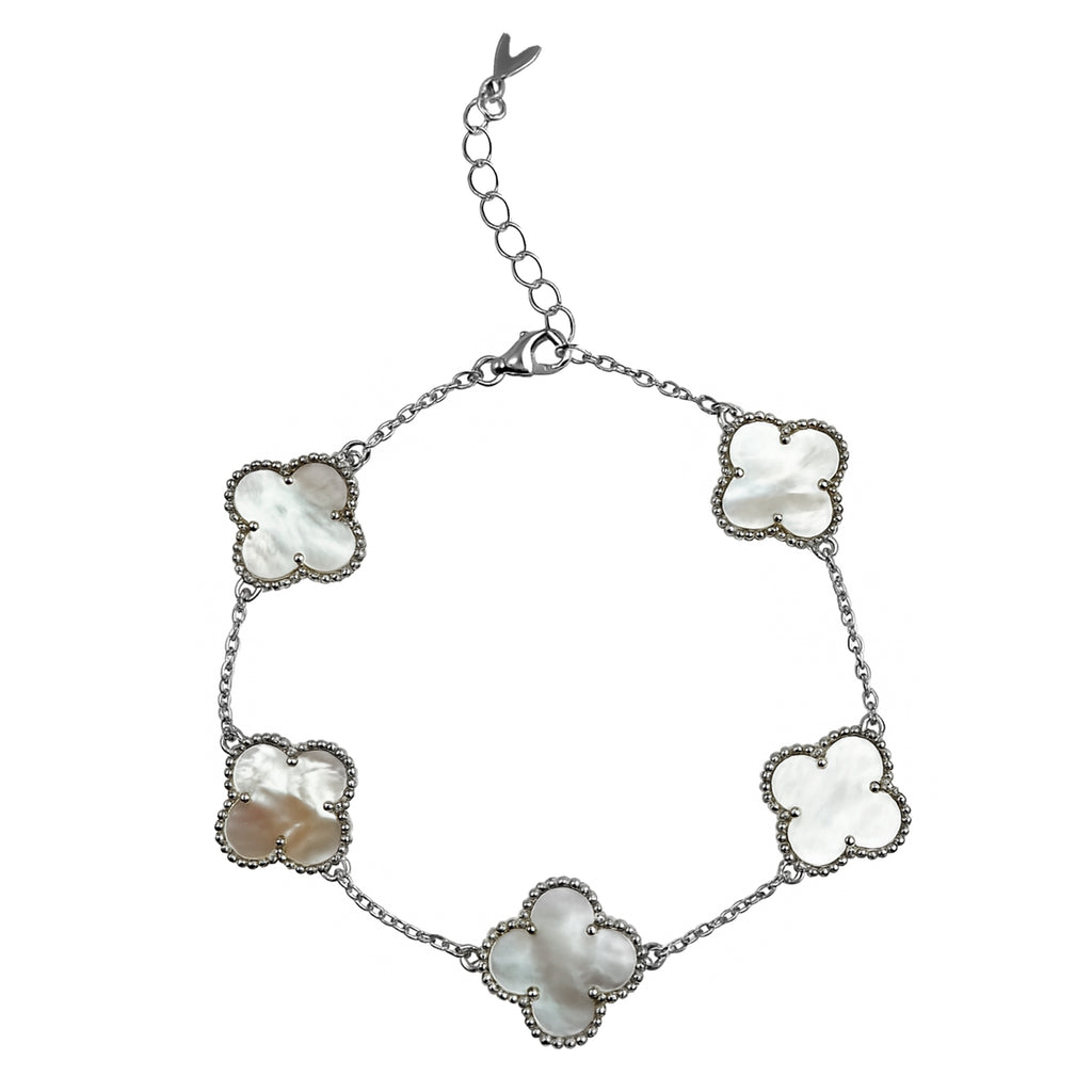 Pulsera 5 Flores Grandes Inspirada Van C Madre Perla Plata .925 con Baño de Rodio