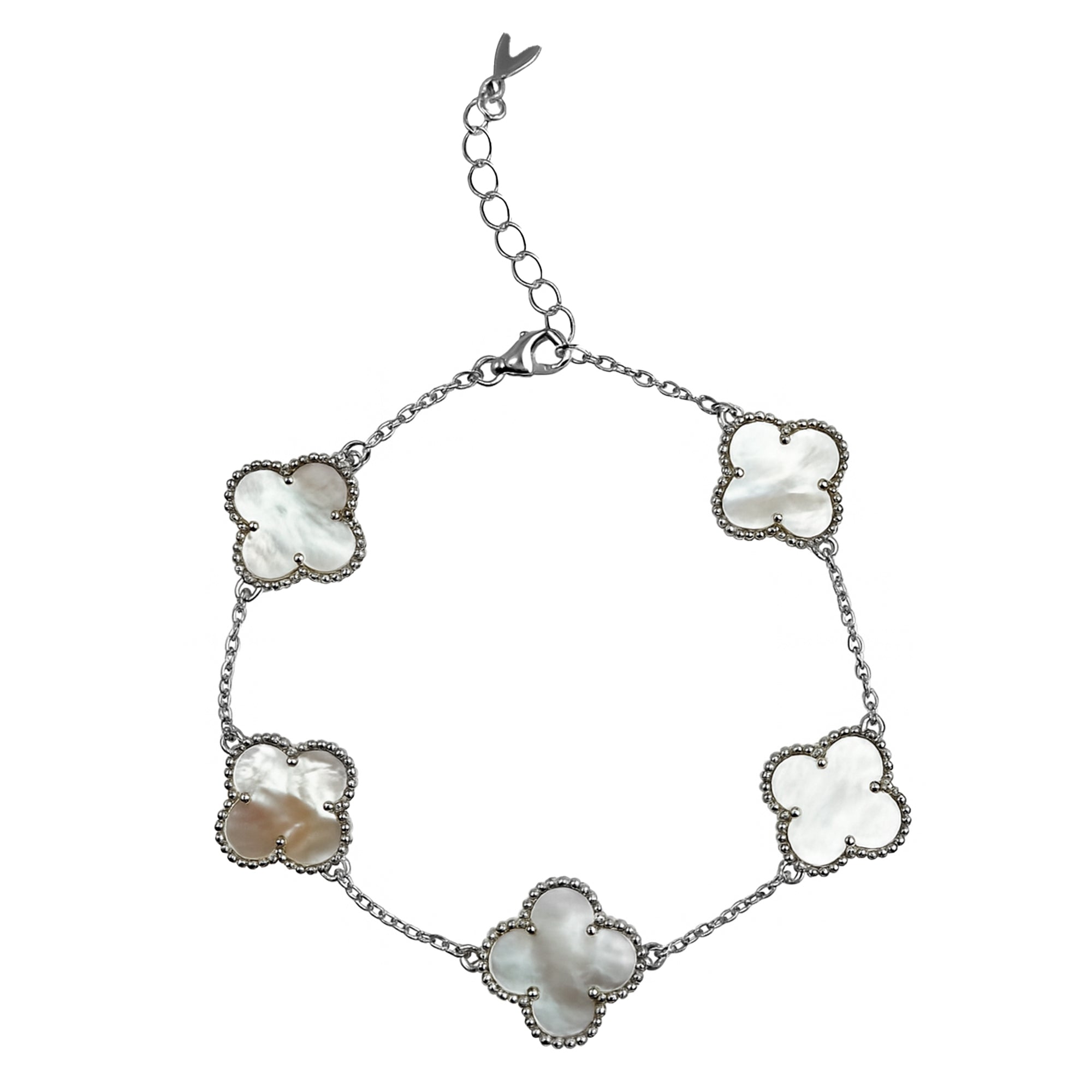 Pulsera 5 Flores Grandes Inspirada Van C Madre Perla Plata .925 con Baño de Rodio