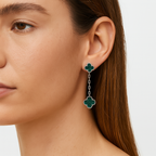 Arete Dos Flores Largo Inspirado Van C con Piedras Naturales Plata .925 con Baño de Rodio
