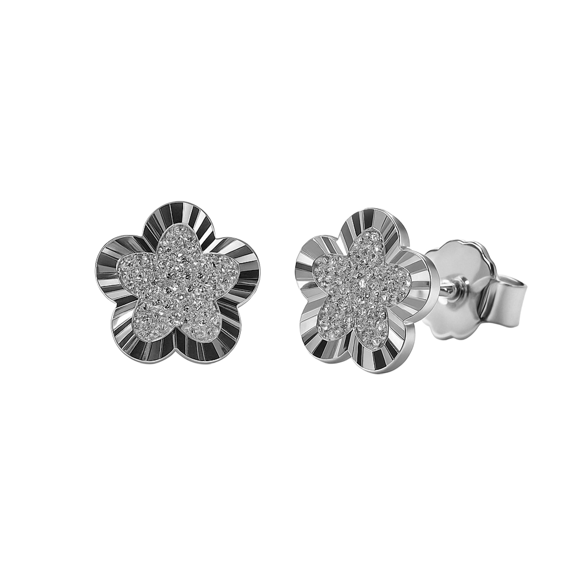 Arete Broquel Flor Diamantada con Micro Circonias Plata .925 con Baño de Rodio