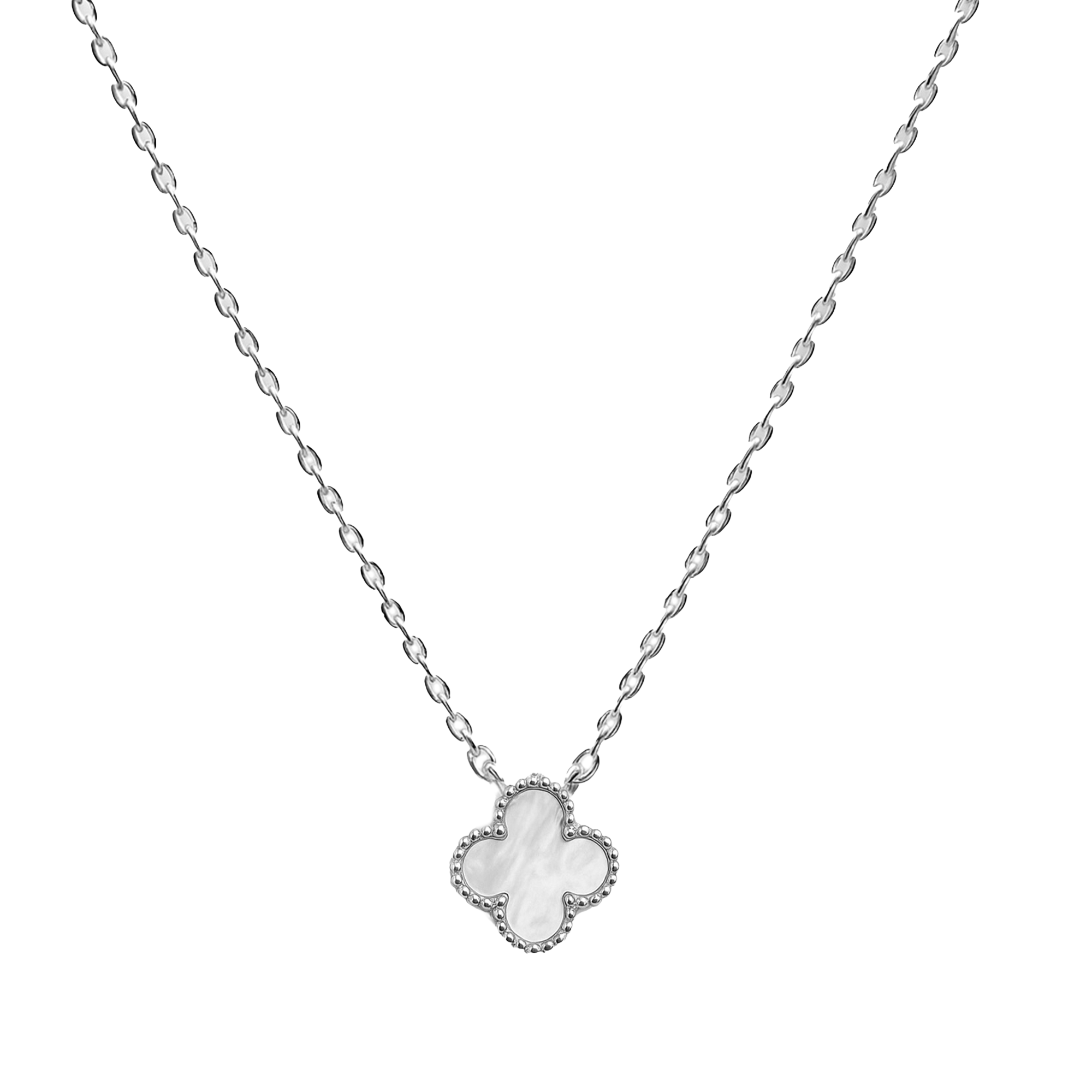 Collar Flor Inspirado Van C Madre Perla Plata .925 con Baño de Rodio
