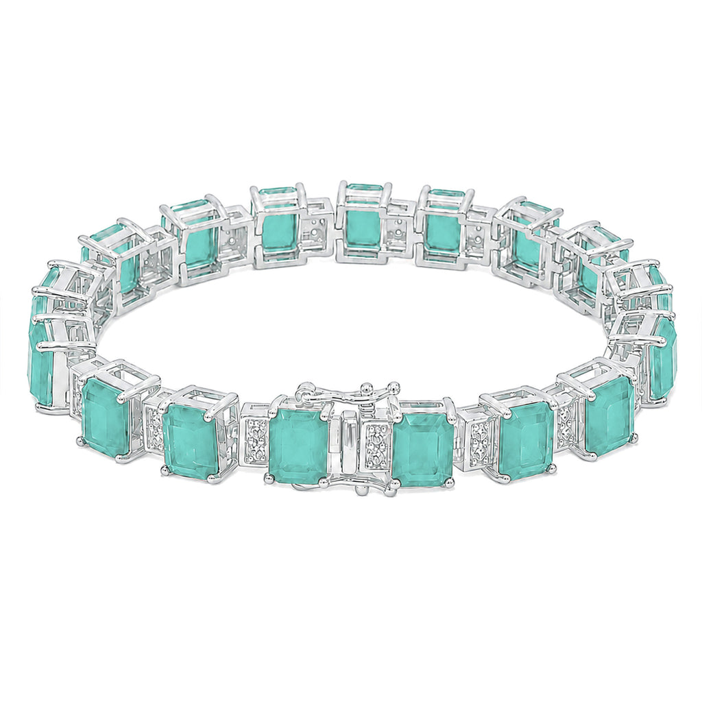 Pulsera Turmalina Verde Claro Rectángulos con Circonias Blancas 7mm de ancho, Plata .925 con Baño de Rodio