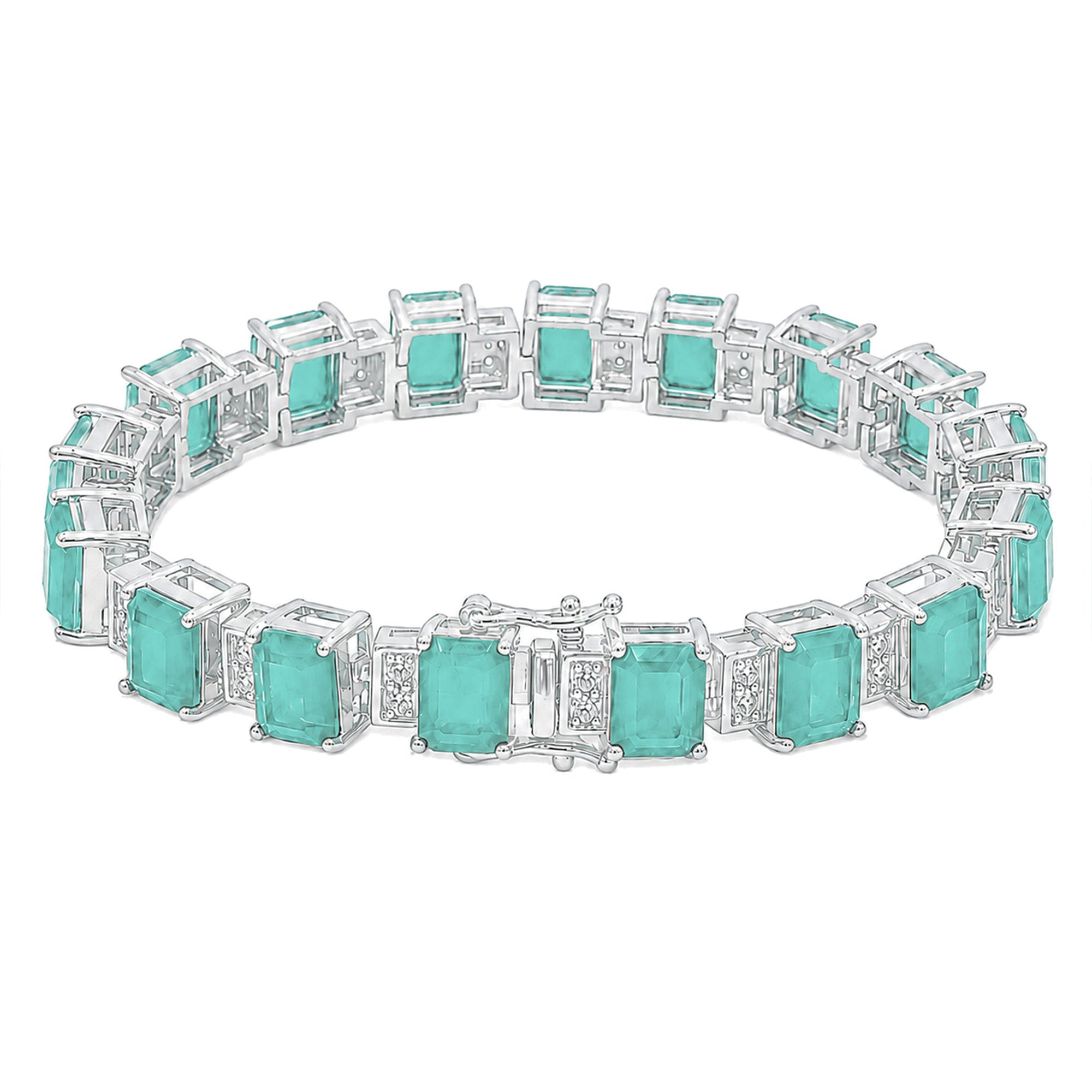 Pulsera Turmalina Verde Claro Rectángulos con Circonias Blancas 7mm de ancho, Plata .925 con Baño de Rodio