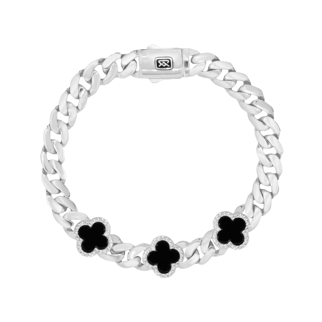 Pulsera Cubana Mónaco 6mm Flor Ónix y Circonias, Inspirada en Van Plata .925