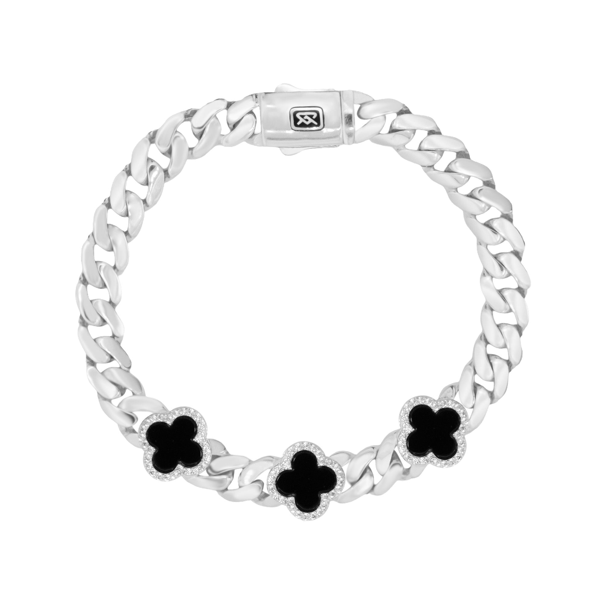 Pulsera Cubana Mónaco 6mm Flor Ónix y Circonias, Inspirada en Van Plata .925