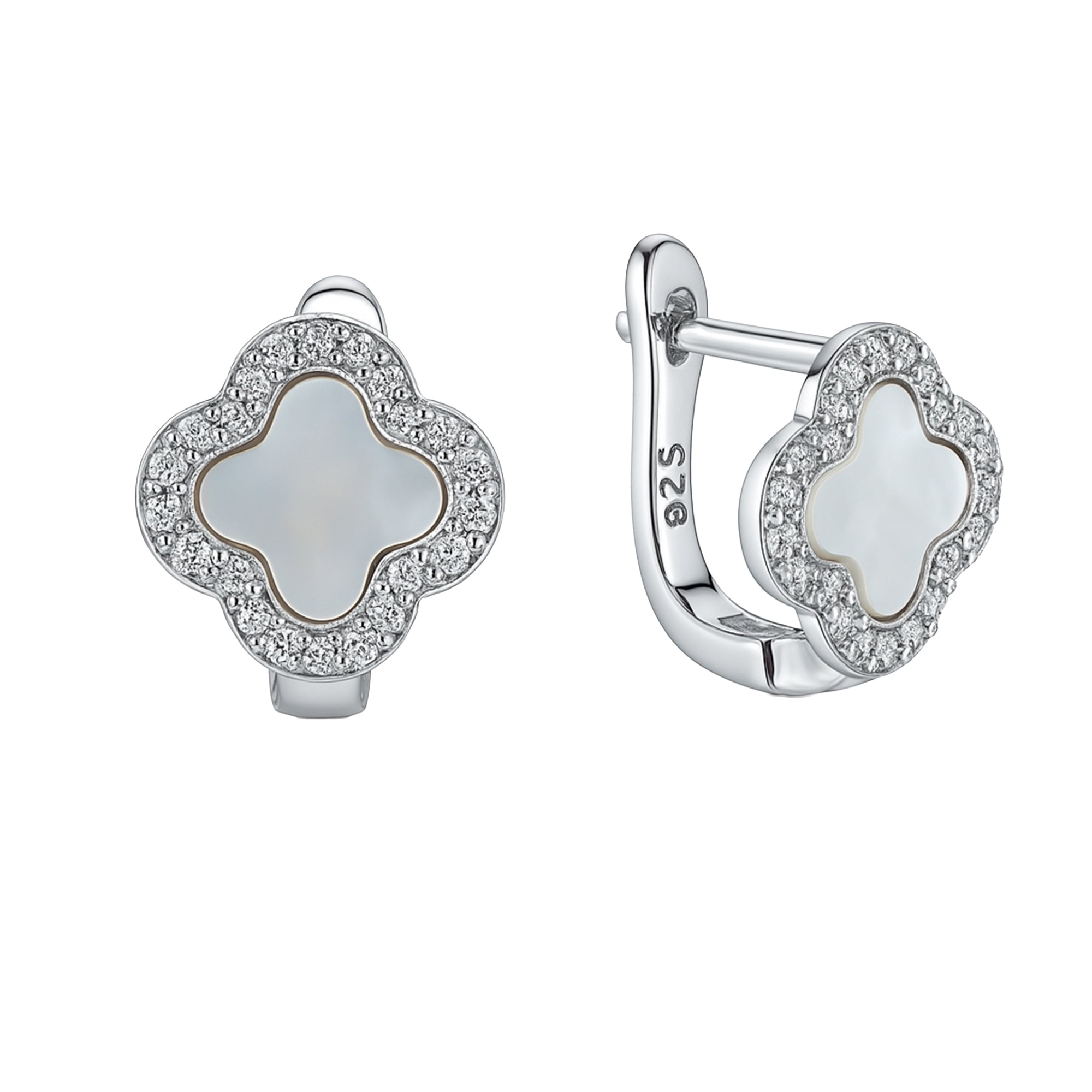 Arete Huggies Flor Inspirado Van C Madre Perla con Micro Circonias Plata .925 con Baño de Rodio